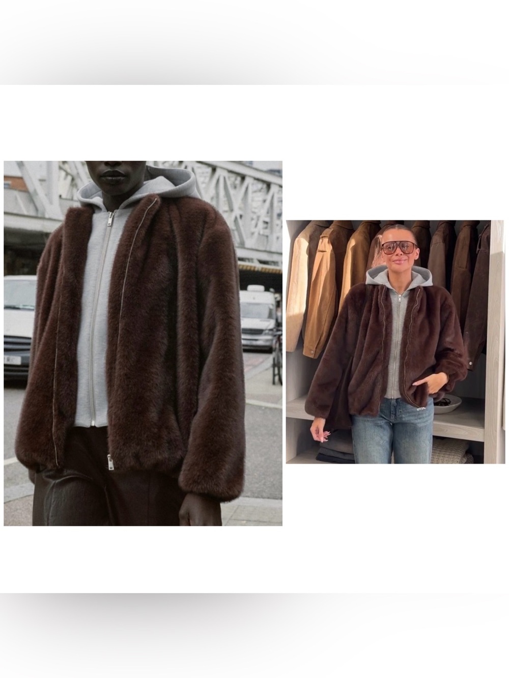 Zara Detachable Contrast Hooded Faux Fur Bomber Jacket size M